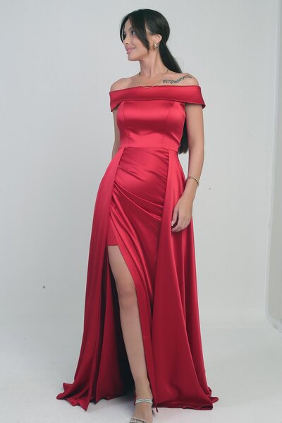 By Saygı Women's Madonna Neck Front Gathered Lined Satin Long Dress with Cape