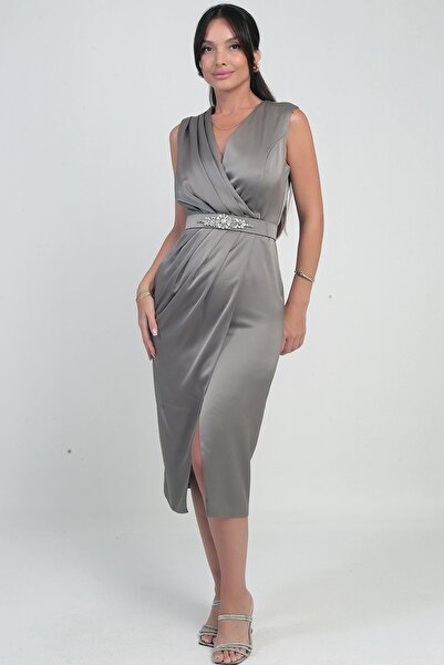 By Saygı Women's Double Breasted Collar Front Pleated Crepe Satin Dress with Belt