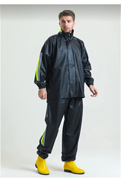 MODA Premium Biker Courier Raincoat Suit Waterproof Pvc Fabric Reflective Tübi̇tak Approved - Black