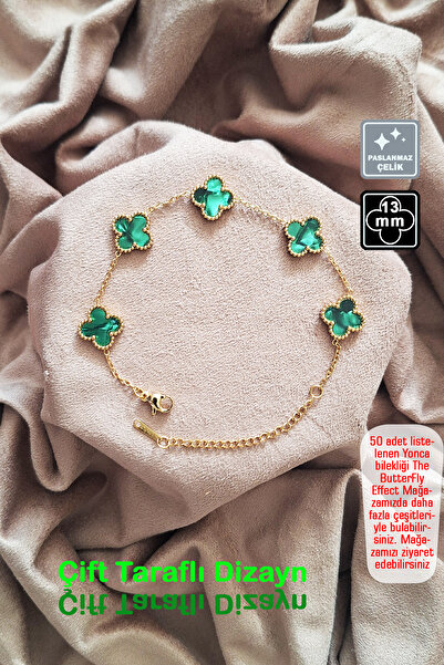 Miss TBee 🍀4 Yapraklı Yonca Çelik Bileklik 🎨 Yeşil Altın Sedefli