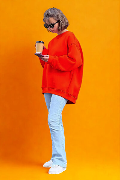 COMBİNE MİCHAİL Χειμερινό μαλακό φαρδύ φούτερ - Crew Neck, Raster, ΠΟΡΤΟΚΑΛΙ