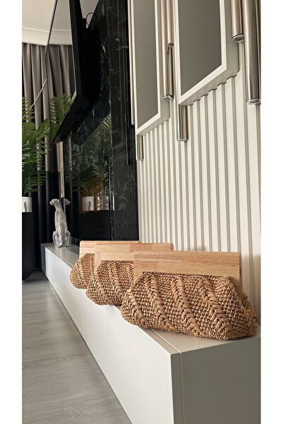 WOMANBAG AHŞAP BURSLU EL YAPIMI HASIR EL ÇANTASI CLUTCH(35x20cm)