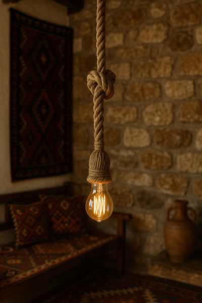 AYBÜK PABUÇ Rustik Halatlı Sarkıt Avize Dekoratif LED Uyumlu – Vintage Bohem Aydınlatma