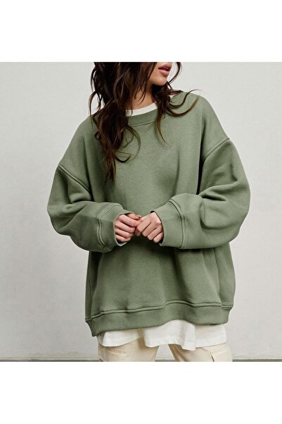 COMBİNE MİCHAİL Kadın Bisiklet Yaka İçi Şardonlu, Kışlık Yumuşak Bol Sweatshirt HAKİ