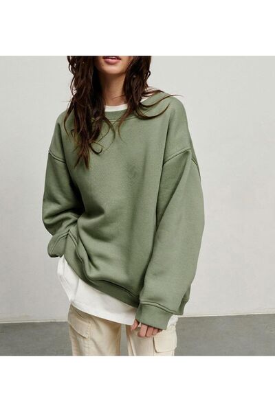 COMBİNE MİCHAİL Kadın Bisiklet Yaka İçi Şardonlu, Kışlık Yumuşak Bol Sweatshirt HAKİ
