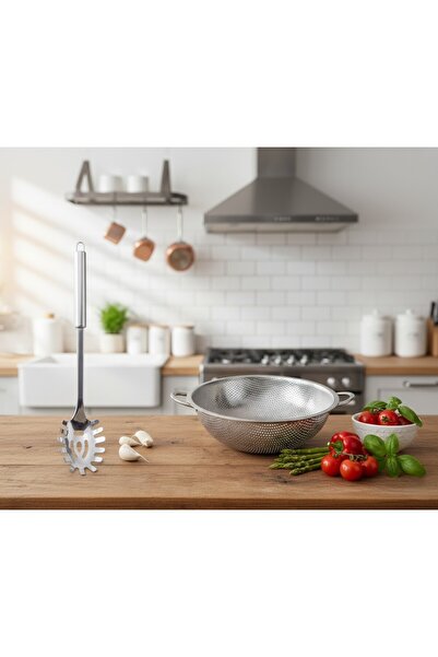 TARIK HOME 2’li SET PASLANMAZ ÇELİK 26 CM. MAKARNA SÜZGECİ & 32 CM MAKARNA KE...