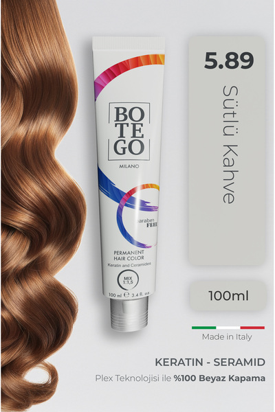 botegohair Profesyonel Krem Saç Boyası - 5.89 Sütlü Kahve 100 ml - Plex, Kera...