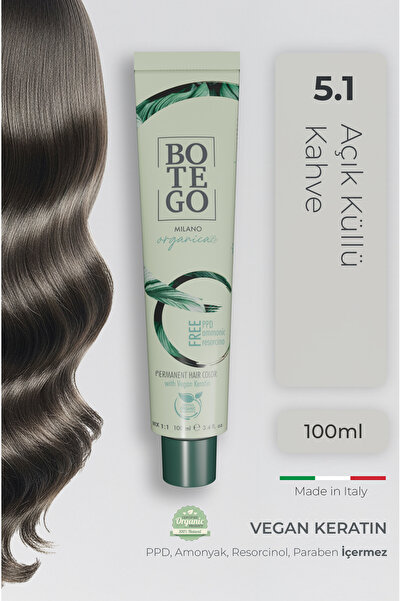 botegohair Organica Organik Saç Boyası - 5.1 Açık Küllü Kahve 100 ml - Amonya...