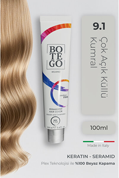 botegohair Profesyonel Krem Saç Boyası - 9.1 Çok Açık Küllü Kumral 100 ml - P...