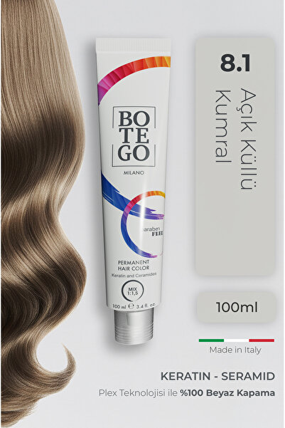 botegohair Profesyonel Krem Saç Boyası - 8.1 Açık Küllü Kumral 100 ml - Plex,...