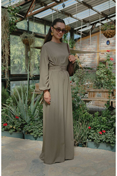 Fatma Atasoy Drapeli Haki Ponpon Şifon Elbise