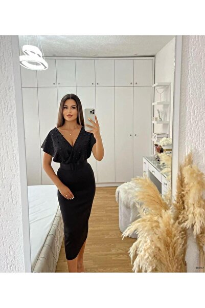 rengamoda Kadın Kemerli İnci Detay Dalgıç Kumaş Abiye Elbise (Renkli)