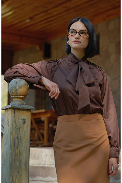 Fatma Atasoy Fiyonklu Kahverengi Midi Gömlek