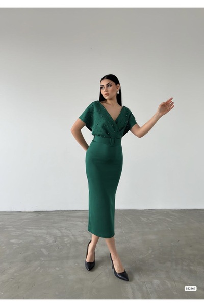 rengamoda Rochie de seară din țesătură scafandru cu centură de perle (culoare)