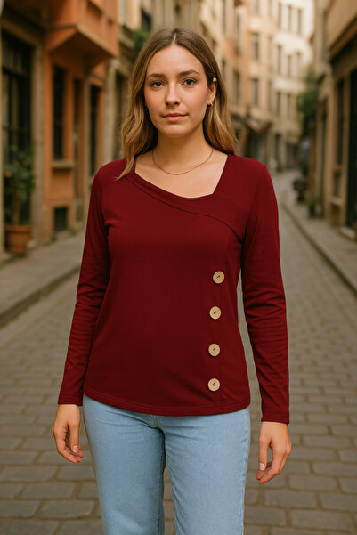 POLEXP    Women's Long Sleeve Geometric Collar Detail Side Button Viscose Two Thread Blouse