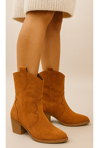 DAD WOLF Tarçın Taba Süet Kadın Kısa Kovboy Kanvas Western Bot