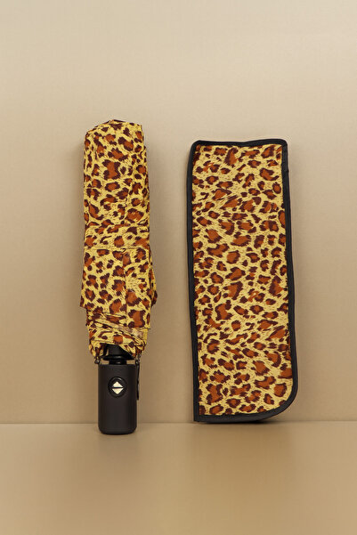 Elioure Leopar Desenli Otomatik Şemsiye, Fiber Kılıf, Kahverengi, Şık ve Hafi...