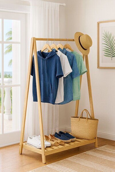 pinoxi Konfeksiyon Askılık Doğal Ahşap Ayaklı Elbise Askılığı Gardırop Raf As...