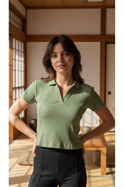 Mood Lab Kadın Polo Yaka Fitilli Kaşkorse Kısa Kollu Tişört