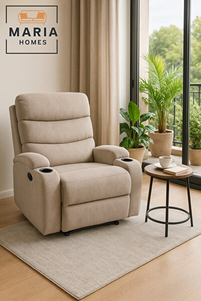 MARIA HOMES Recliner Chair with Cup Holders – Beige Fabric Lounge Chair with Adjustable Footrest