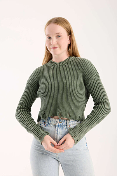 İLKCET MODA Жіночий светр з розрізами з трикотажу хакі