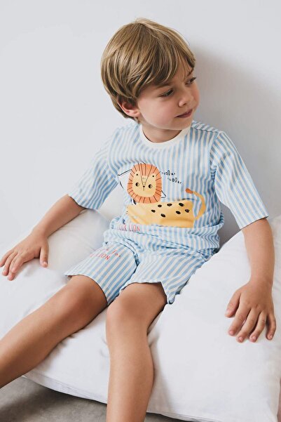 DeFacto Erkek Bebek Pijama Takımı Çizgili Aslan Baskılı Kısa Kollu Penye Üst Beli Lastikli Şort E1191A525HS