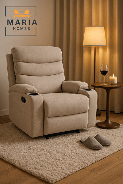 MARIA HOMES Recliner Chair with Cup Holders – Beige Fabric Lounge Chair with Adjustable Footrest
