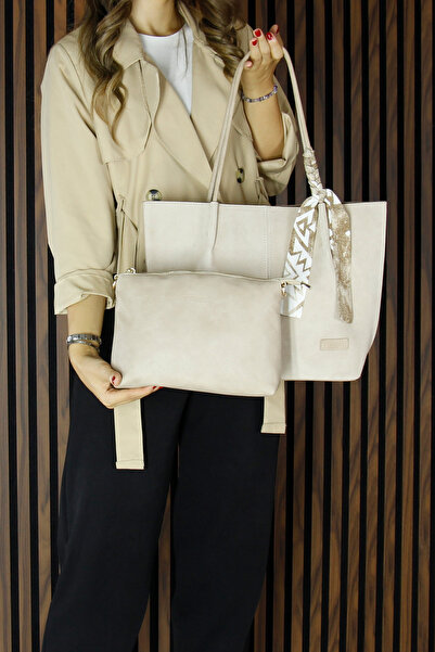 Erkan Saçmacı Beige Genuine Cowhide Suede Magnetic Closure Large Size Daily Shoulder Bag and Handbag with Strap