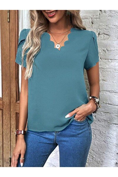 KentselBazaar Γυναικεία κοντομάνικη μπλούζα λέιζερ V λαιμόκοψης εισαγόμενη κρεπ