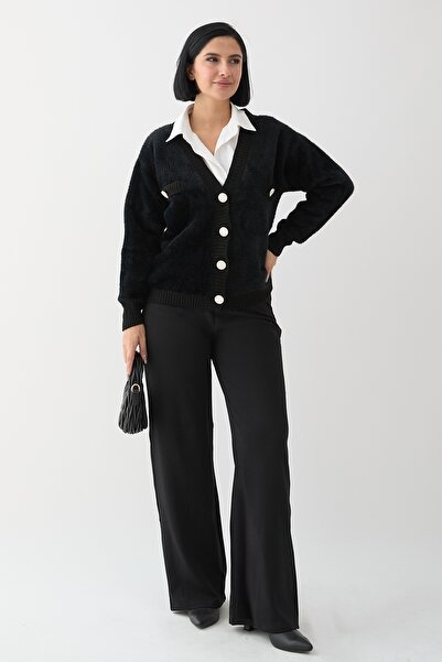 InStyle Μαύρη Πλεκτή Ζακέτα - Τσέπη Λεπτομερής και Γούνινη