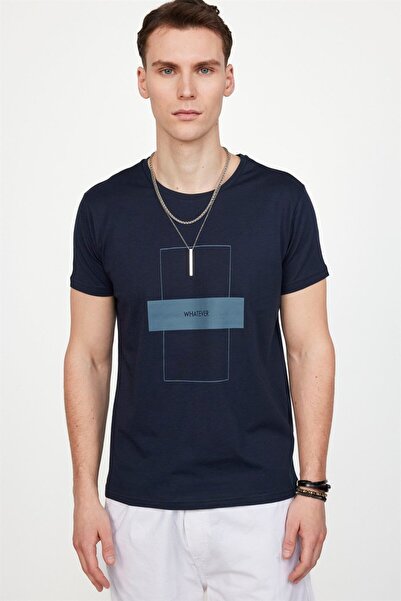 Tudors Erkek Slim Fit Dar Kesim %100 Pamuk Yumuşak Dokulu Baskılı Lacivert Bi...