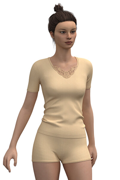 TOLIN Women's Nude V-Neck Laced Cotton Undershirt - Short Sleeve 322