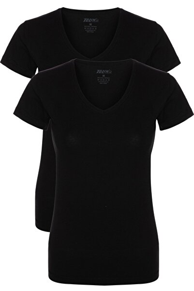 TOLIN Women's Black 2-Piece Short Sleeve Single Jersey Lycra V-Neck Undershirt 3227