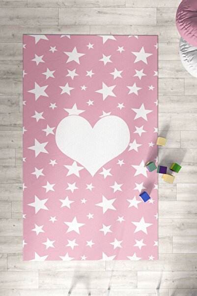 Homiko Pembe Kalp ve Yıldızlar Çocuk ve Bebek  Odası Halısı