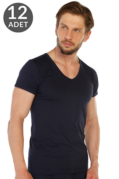 TOLIN Pack of 12 100% Cotton Navy Blue Men's Single Jersey V-Neck Undershirt 317