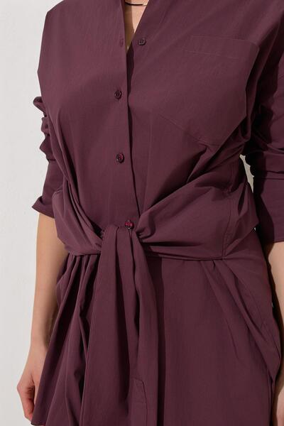 Setre Bordo %100 Pamuklu Belden Bağlama Detaylı Uzun Kollu Gömlek