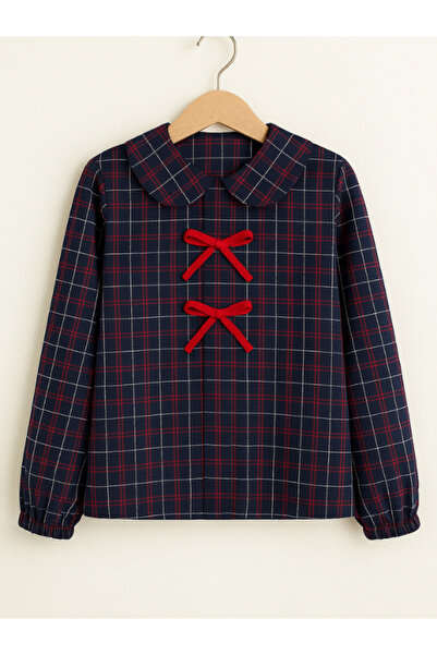 Girls Ribbon Checkered Navy Blue Modest Shirt