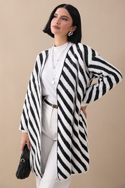 InStyle Şeritli Tüylü Siyah Triko Hırka