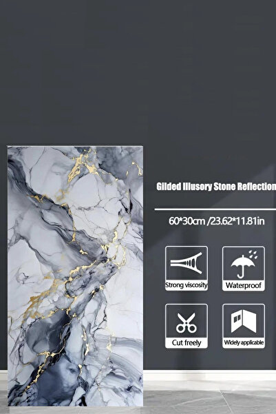 Bien Home 30x60 Cm Mavi Mermer Desenli Kendinden Yapışkanlı Seramik Köpük Banyo WC Kaplama PVC Duvar Paneli