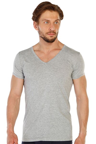 TOLIN Pack of 6 Cotton Gray Melange Men's Single Jersey V-Neck Undershirt 317