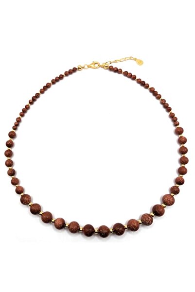 Lexy's Boutique Colier reglabil lucrat manual, argint 925, piatra soarelui, placat cu aur de 24k, max. 44,50 cm