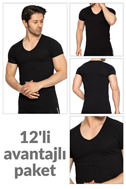 TOLIN 12 Pack Black Men's V-Neck Undershirt 317 - 100% Cotton