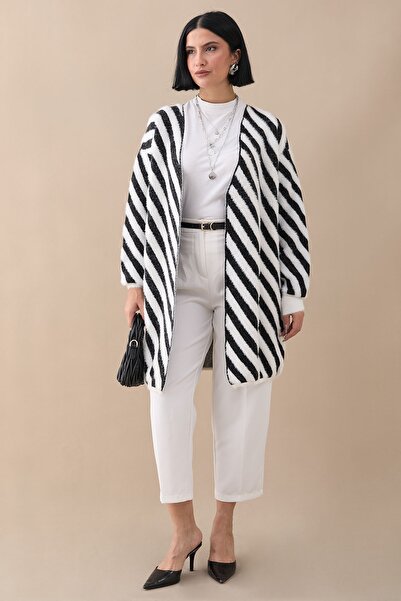 InStyle Şeritli Tüylü Siyah Triko Hırka