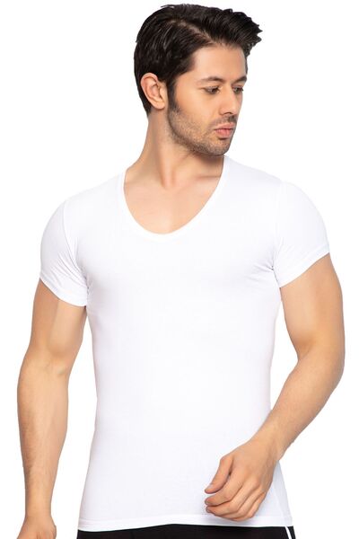 TOLIN Short Sleeve V-Neck Men's White Cotton Lycra Undershirt 3177b