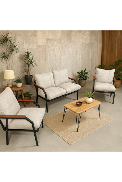 UFUK HOME Linda 211 Sehpalı Krem Fermuarlı Bahçe Balkon Takımı, Cafe, Salon - Metal Kanepe Koltuk Takımı