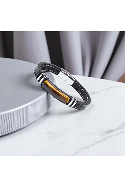 Mestore Kaplangöz Stone &amp;   Leather Cord Titanium Steel Men's Bracelet