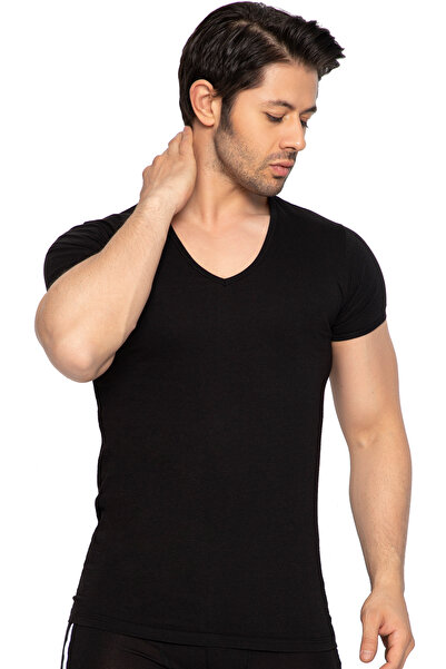 TOLIN Мъжка черна тениска с V-образно деколте от 100% памучен джърси, модел 317