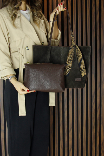 Erkan Saçmacı Coffee Genuine Cowhide Suede Magnetic Flap Large Size Casual Shoulder Bag and Handbag with Strap