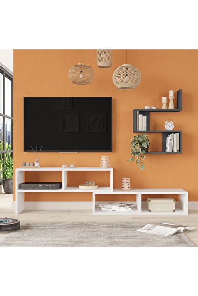 Yurupa Dore Tv Ünitesi Tv Sehpası Raflı Beyaz-Antrasit DOR1-WAN