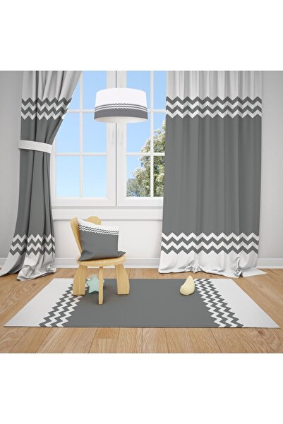 Talia Home Gri Beyaz Şerit Desenli Çocuk Ve Bebek Odası Fon Perdesi 2 Kanat T...